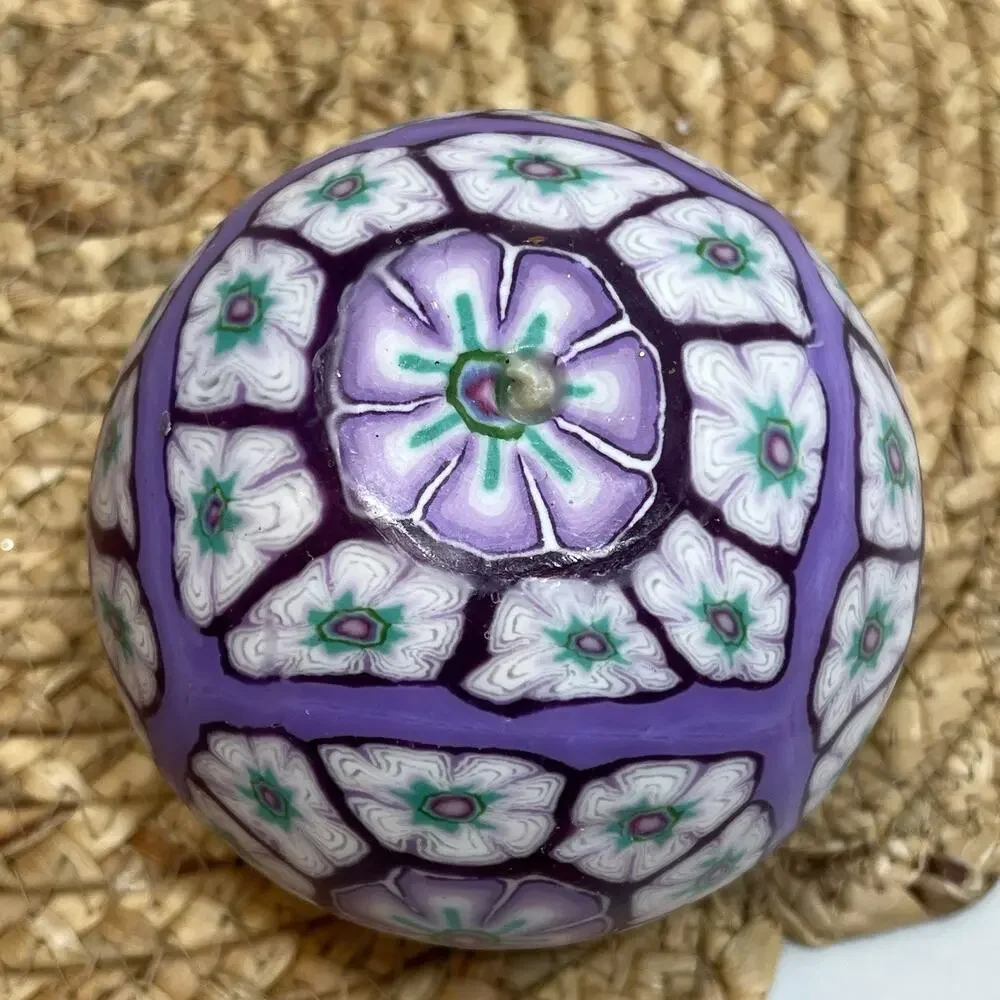 Vintage 90s 4” Lavender Purple Teal White Millefiori Candle Glow Psychedelic